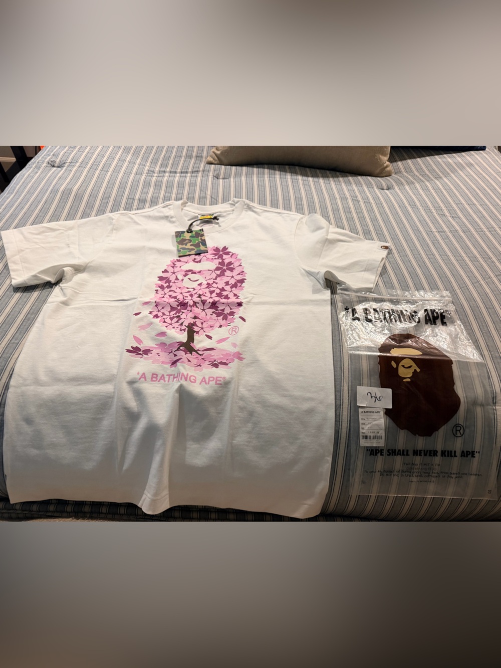 Bape White Short Sleeve Tee with Pink Sakura Ape Graphic